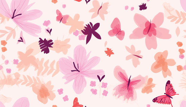 Hand drawn cute pink artistic flowers and butterflies pattern. Modern cartoon style print. Fashionable template for design.