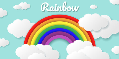 Rainbow and clouds in the sky vector illustration, paper-cut style.