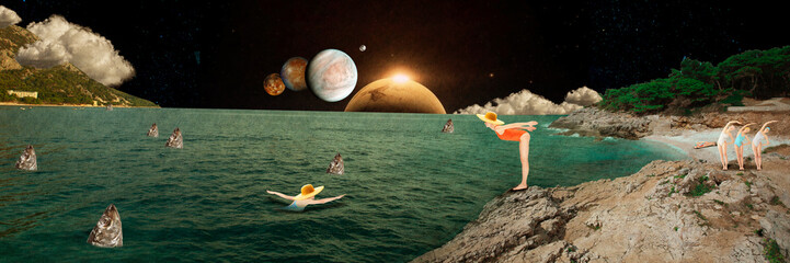 Contemporary art collage. Futuristic summer vacation in fantastic place. Young girls swimming in...