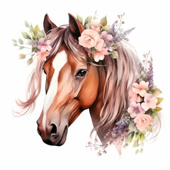 Horse with Flowers. Watercolor Illustration isolated on white background. - 619718168
