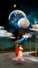 Contemporary art collage. Man in red suit walking with scary young woman to unknown dark place. Sky filled with giant planets. Futurism, creativity, imagination, fantasy concept. Abstract surreal art