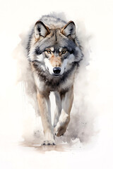 Beautiful wolf portrait. Full body, front view of a wolf walking. Digital watercolour.