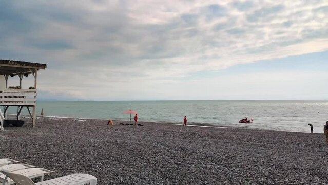 Coast Guard on a black sea beach. Video of a beach in Georgia