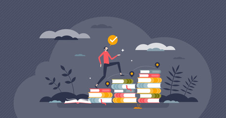 Lifelong learning process for personal development and growth tiny person concept. Academic knowledge improvement with book reading and successful continuing potential training vector illustration.
