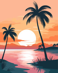 Summer Beach at Sunset with Palm Trees