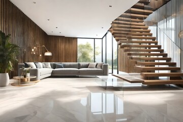 Plakat most beautiful interior design of home basement with stairs, sofas and 3d wallpaper Generative Ai technology