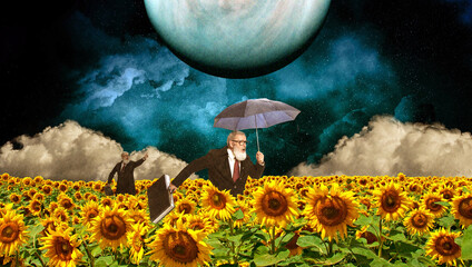 Senior man, professor running on sunflowers field over futuristic sky with giant planet. Scientist....