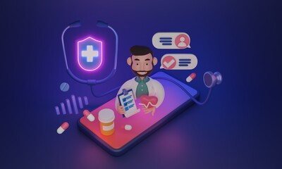 Telemedicine and remote healthcare for distant medical help 3D illustration. Doctor appointment using video call or modern online consultation for disease treatment or pharmacy prescriptions support.