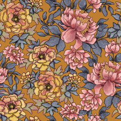 Seamless floral pattern with bright colorful flowers and leaves. Modern floral background. Fashionable folk style. Ethnic style. Background for eco products, kitchen design, textiles, fabrics, paper