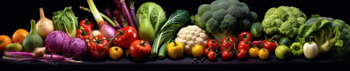 Beautiful and colorful vegetables banner with black background Generative AI Illustration