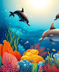 Happy dolphins in the sea - Generative AI
