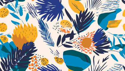 Modern abstract exotic floral pattern. Collage trendy seamless pattern. Hand drawn cartoon style illustration.