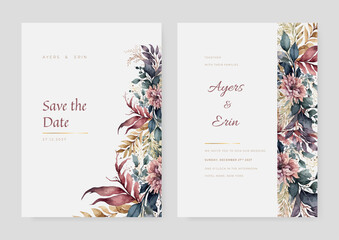 Wedding floral golden invitation card save the date design with pink flowers