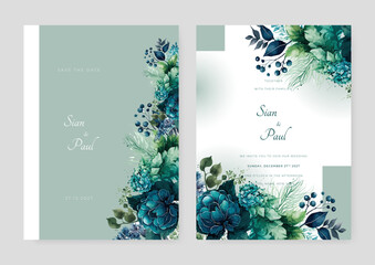 wedding invitation card set template design with watercolor flower, leaf and branch