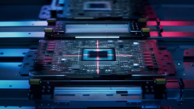Close-up of Printed Circuit Board Lit by Bright Light, inside Component Installation Machine. Electronic Devices Production Industry. Fully Automated PCB Assembly Line. Electronics Factory. 