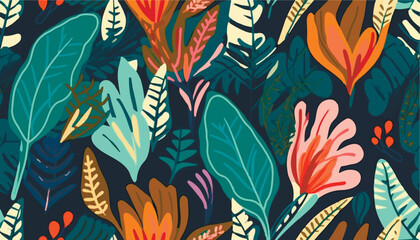 Fototapeta premium Modern exotic ethnic floral jungle pattern. Collage contemporary seamless pattern. Hand drawn cartoon style pattern.