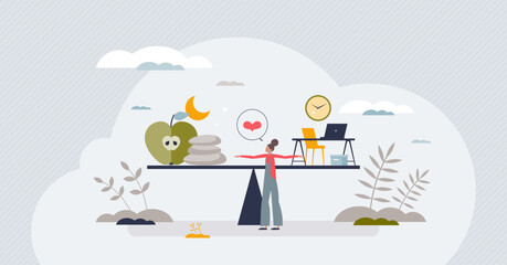 Employee wellness programs with workspace health benefits tiny person concept. Job and relaxation balance with company provided leisure services vector illustration. Workforce bonus and satisfaction.