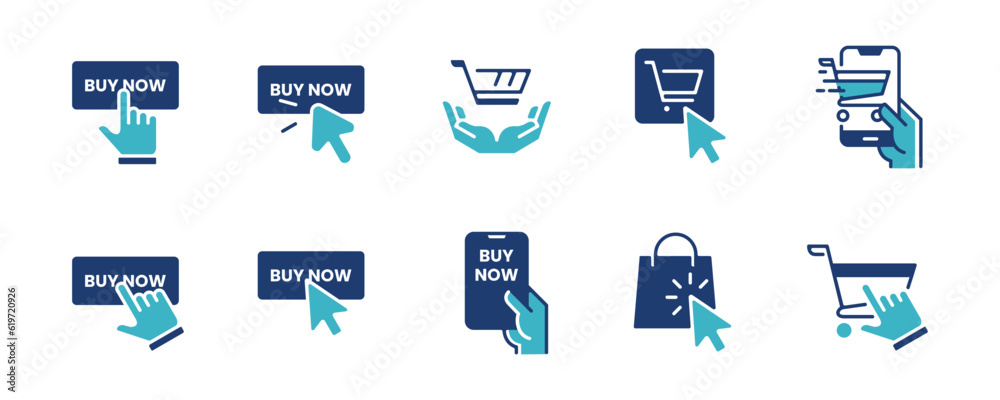 Poster click buy product button icon vector with online shopping pointer arrow clicking buy button symbol illustration design
