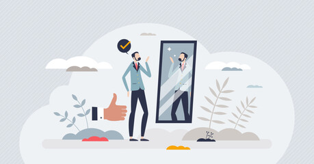 Self presentation and learning how to introduce yourself tiny person concept. Mirroring for good look, appearance and visual style vector illustration. Confidence and personality impression training. - obrazy, fototapety, plakaty