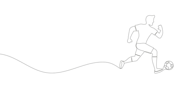 Continuous one line drawing of running soccer player man with ball. Football. Vector illustration