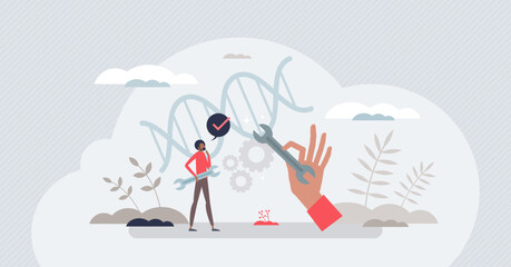 Biohacking as personal body medicine DNA improvement tiny person concept. Genetic hacking to improve life and wellness performance vector illustration. Biotech and genetic manipulation experiment. © VectorMine