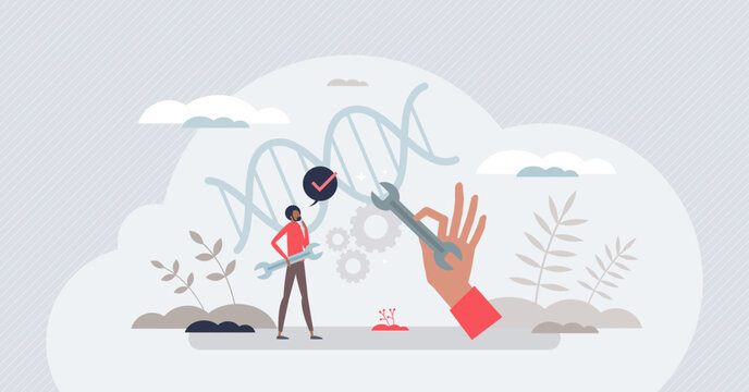Biohacking as personal body medicine DNA improvement tiny person concept. Genetic hacking to improve life and wellness performance vector illustration. Biotech and genetic manipulation experiment.