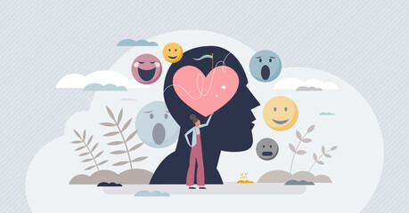 Emotional intelligence as ability to understand feelings tiny person concept. Face expression and mood changes recognition and fair psychological judgment vector illustration. Empathy as soft skill. - obrazy, fototapety, plakaty
