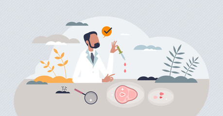 Alternative proteins as plant based or artificial meat solution tiny person concept. Sustainable and environmental nutrition supplement with harvested beef and meatless substitute vector illustration