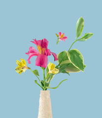 Wild lilies emerge from a decorative bottle and flying on blue background. A minimal creative concept of beautiful colorful fresh flowers. Front view. Copy space.