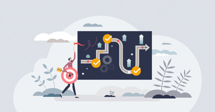 Personal development plan with growth management strategy tiny person concept. Professional career path direction with objectives, vision and progress vector illustration. Guidelines map for work.