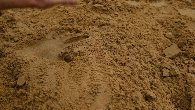 Slow motion while hitting or stamping pile of sand with bare hand making handprints.