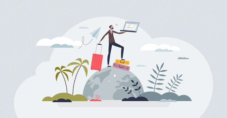 Managing work and travel with business and leisure trip tiny person concept. Businessman in vacation with holiday luggage and laptop vector illustration. Effective weekend with internet connection. - obrazy, fototapety, plakaty