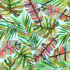 Tropical palm leaves, jungle leaves seamless floral pattern background. Monstera, banana leaves, palm. Glamorous exotic abstract background. Good for luxury wallpapers, cloth, fabric printing, goods