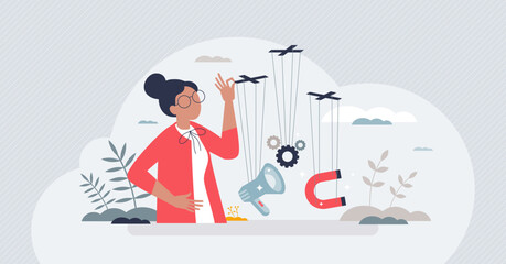 Digital marketing strategies and influence tactics tiny person concept. Promotion and advertisement strategy to attract customers vector illustration. Smart manipulation with ads or communication.