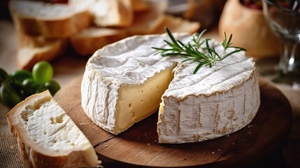 Hard cheese on a wooden board cut into bars. Fermented milk product, Production of cheese with nuts or lavender. Generative AI
