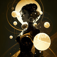 Fantastic deep space with yellow element and beautiful girl. Dark cosmic art