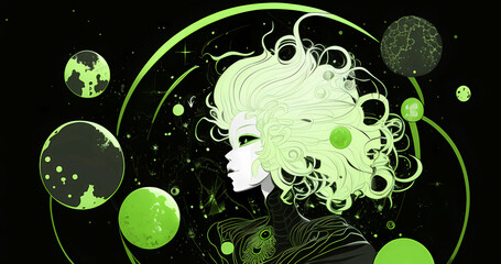 Green background with abstract dark space element. Minimal cartoon cosmic backdrop with beautiful girl