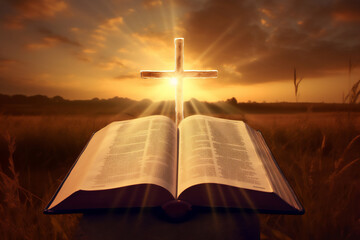 The Bible of the New and Old Testemant at sunset showing the way to the Kingdom of Heaven which leads to salvation and paradise with God, computer Generative AI stock illustration image - obrazy, fototapety, plakaty
