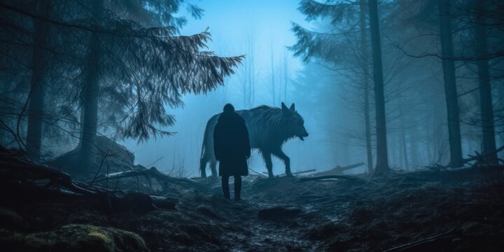 A norse scandinavian god Vidar standing in the woods with a horse. Generative AI image.