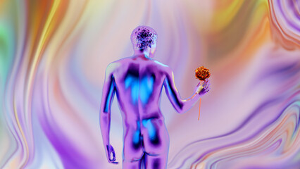 holographic man with flower on liquid background