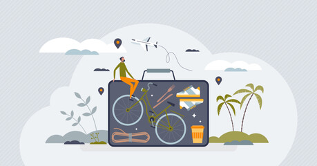 Sustainable travel with environmental transport choice tiny person concept. Ecological and nature friendly approach for vacation and holiday vector illustration. Eco recreation with responsible trip. © VectorMine