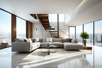 Fototapeta na wymiar most beautiful interior design of home basement with stairs, sofas and 3d wallpaper Generative Ai technology
