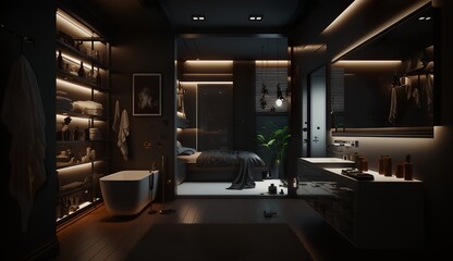 Fototapeta na wymiar beautiful dark colored bathroom with large windows in a loft apartment