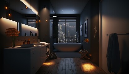 beautiful dark colored bathroom with large windows in a loft apartment