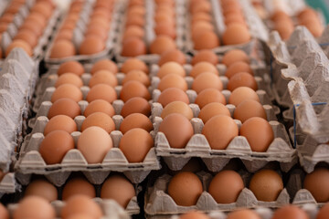 Countless brown eggs packaged up and ready to sell at a farmers market.