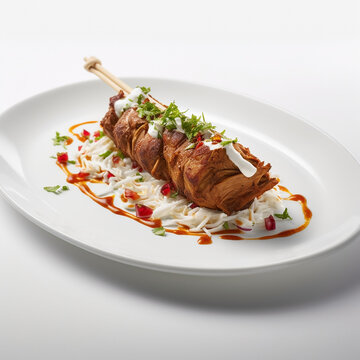 Delicious grilled meat beef kebab with vegetables and herbs on a white ceramic plate on a light background, Generative AI, generative artificial intelligence