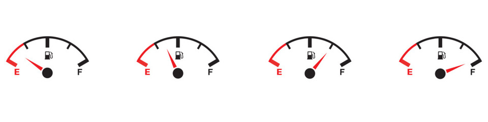 Fuel gauge scale and fuel meter. Fuel indicator. Gas tank gauge. Speedometer, tachometer, indicator icons. Performance measurement. Vector illustration. Vector Graphic. EPS 10 - obrazy, fototapety, plakaty