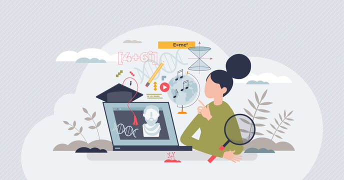 Online learning as e-learning course with distant content tiny person concept. Study in university or school with web lectures and virtual academic lessons vector illustration. Cyberspace graduation.