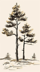 black and white pine trees drawing minimalist on cream background 