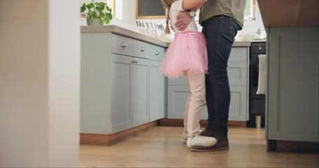 Dance, feet and father with daughter in kitchen for celebration, ballet and energy. Music, princess and trust with man and young girl dancing in family home for support, learning and holding hands - Powered by Adobe